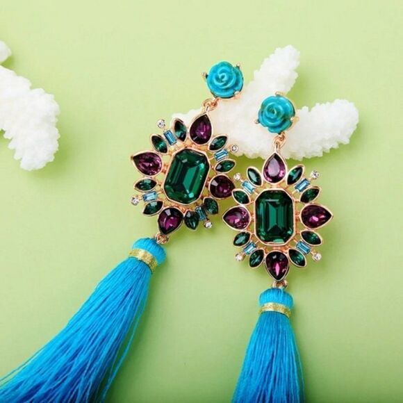 Flower Crystal Blue Tassel Fringe Vintage Gold Dangle Statement Earrings - Picture 5 of 9